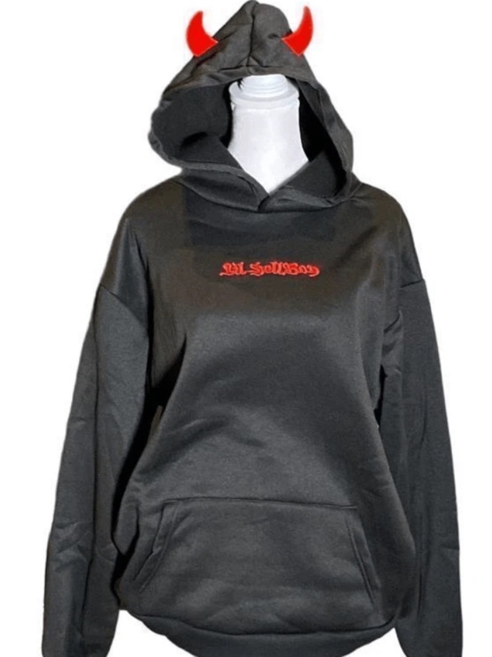 Black hooded sweatshirt with red devil horns on the hood and red "Lil Hellboy"